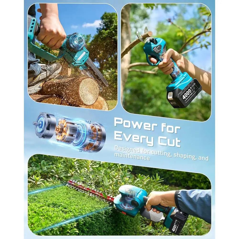 4-in-1 Electric Garden Tool Cordless Chainsaw Hedge Trimmer Pruner Dual 4000mAh