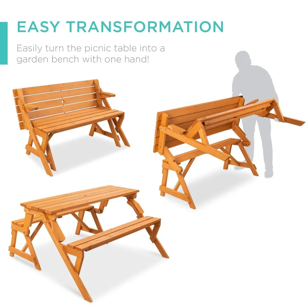 2-In-1 Transforming Outdoor Wooden Picnic Table Bench