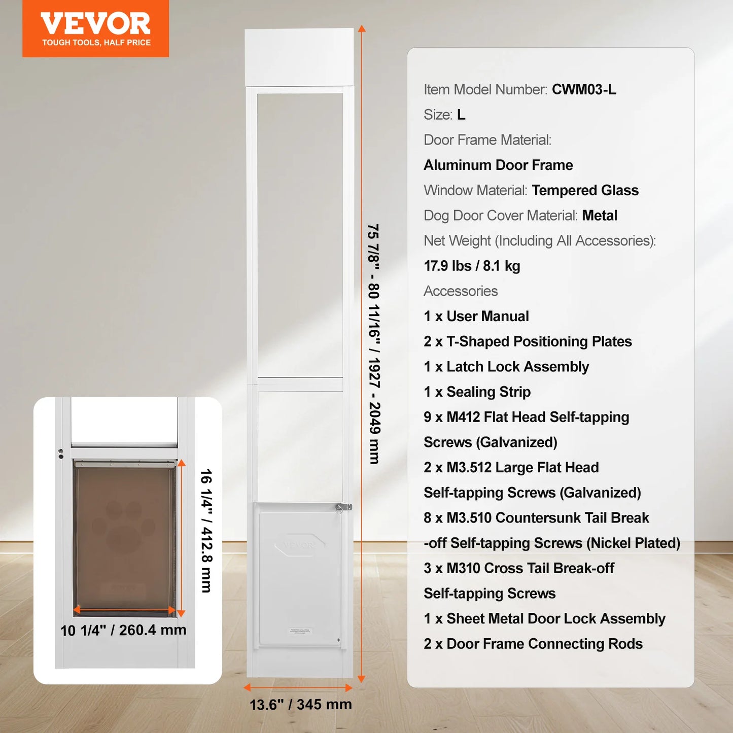 Sliding Glass Dog Door With Adjustable Height Tempered Glass Aluminum Frame