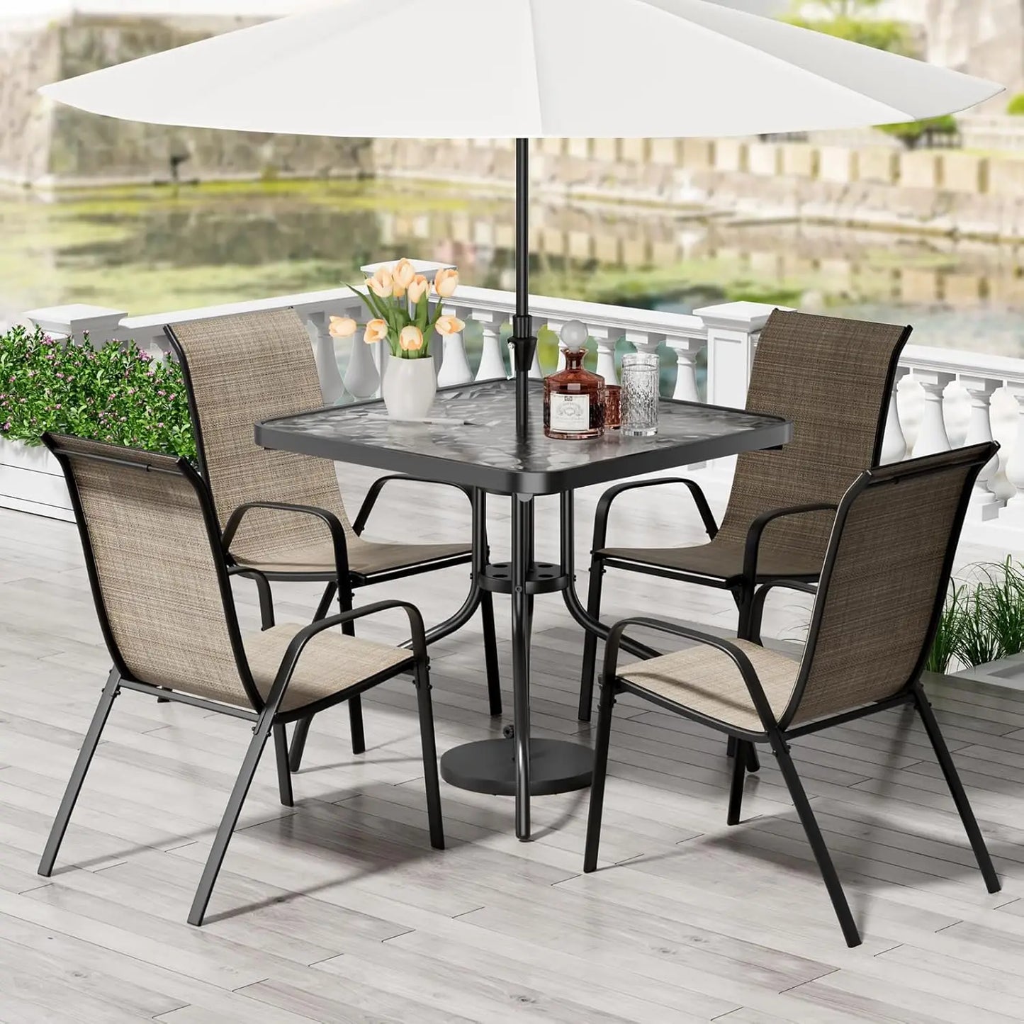 Patio Dining Set 5 Pieces With Table And Textilene Chairs