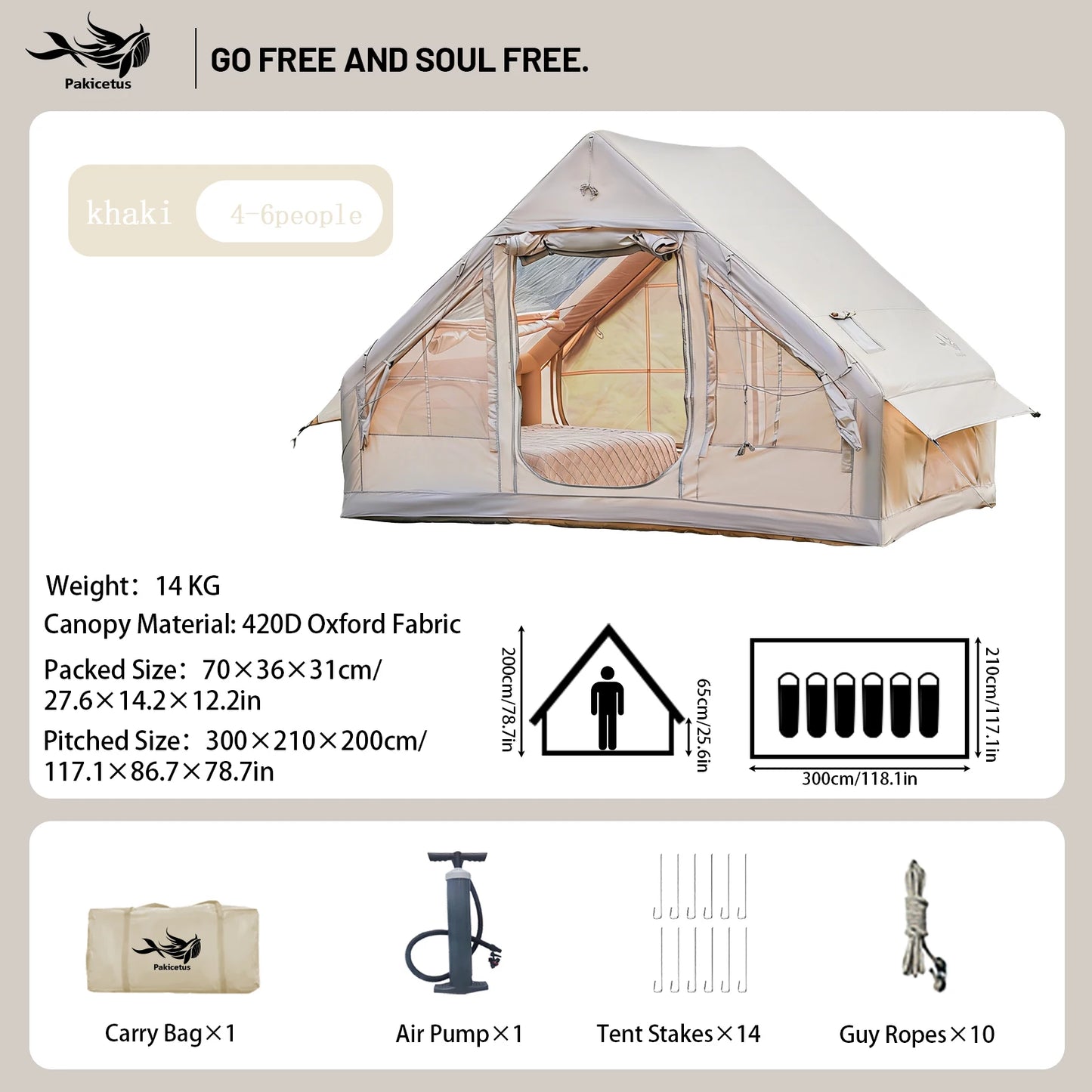 Pakicetus Large Inflatable Camping Tent With Skylight And Breathable Mesh