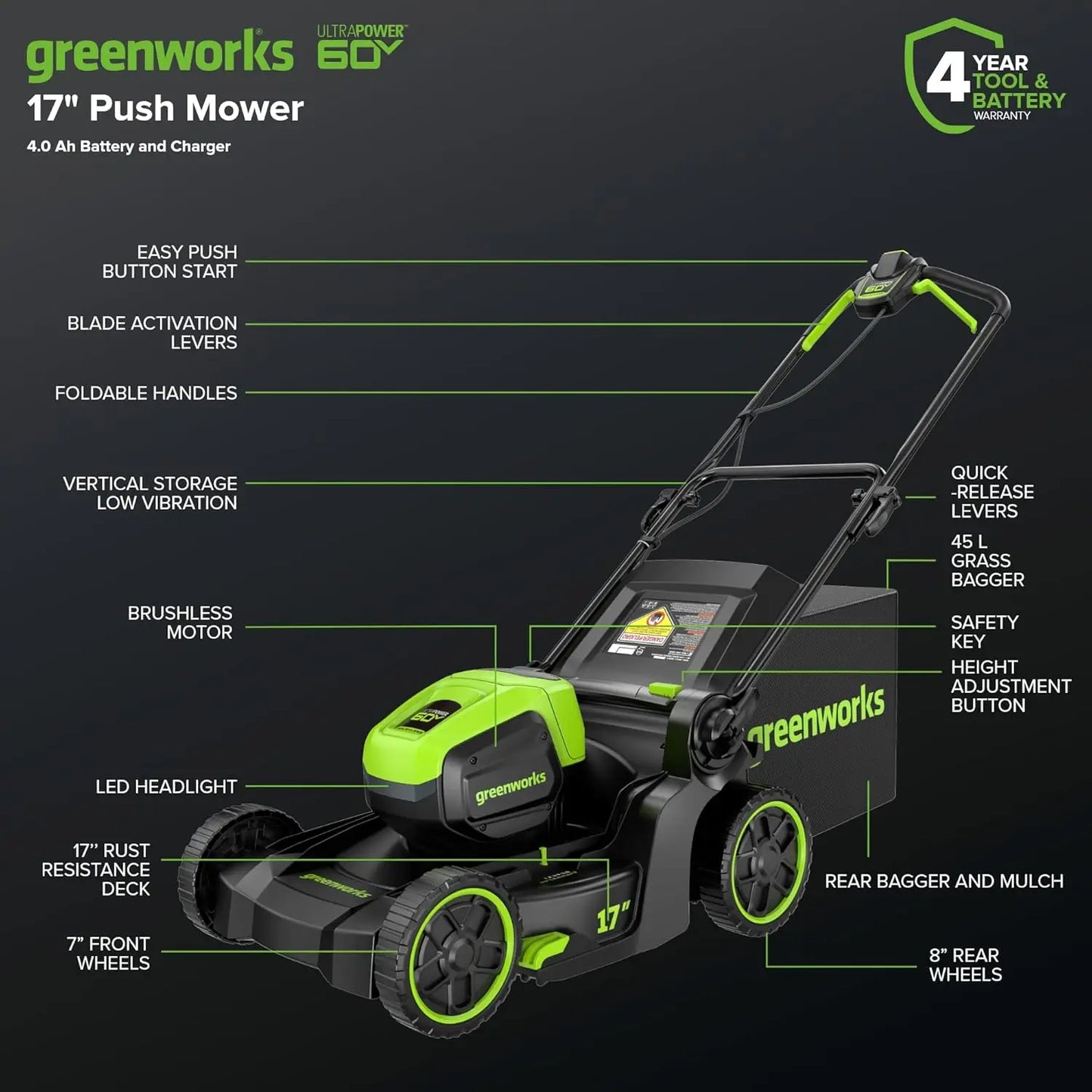 60V Cordless Lawn Mower 2-in-1 Mulching Bagging 4.0Ah